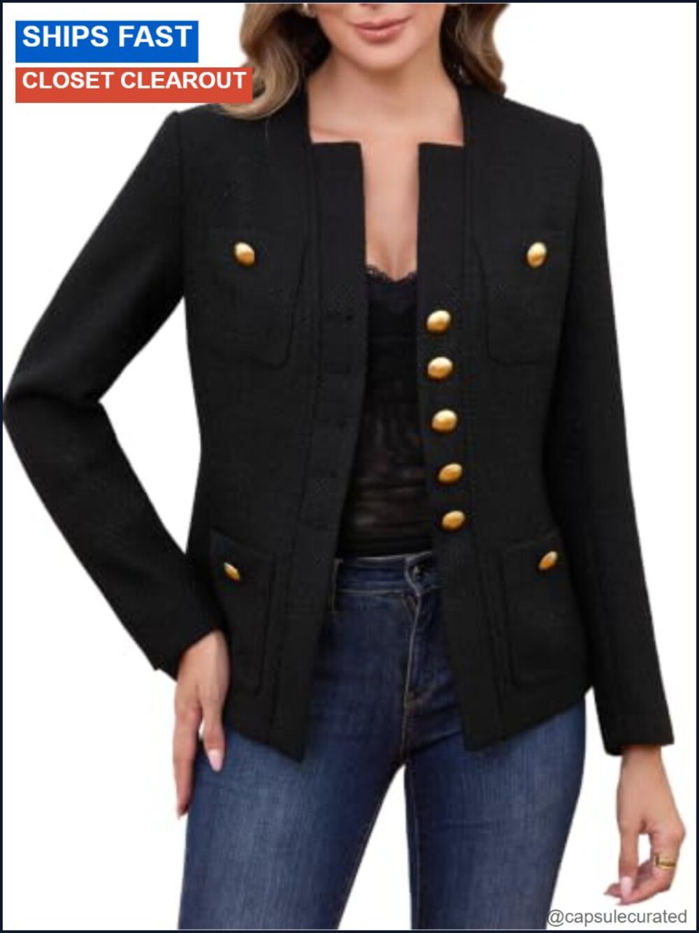 Tweed Blazer Tailored Fit Collarless V-Neck Padded Shoulders Lined